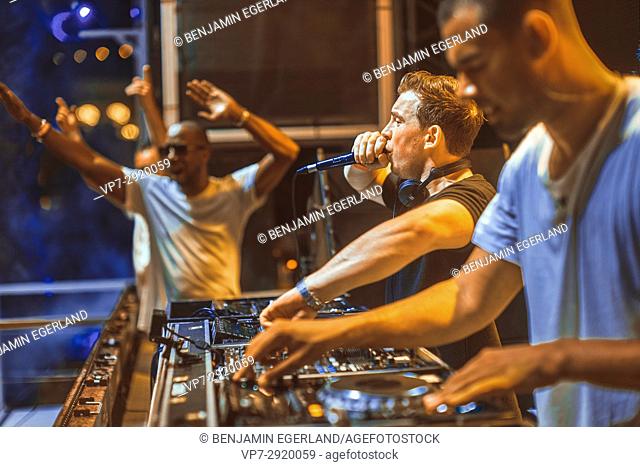 DJ Hardwell B2B Afrojack at music festival Starbeach on 17. July 2017 in Hersonissos, Crete, Greece - they played spontaneously B2B because the private jet of...
