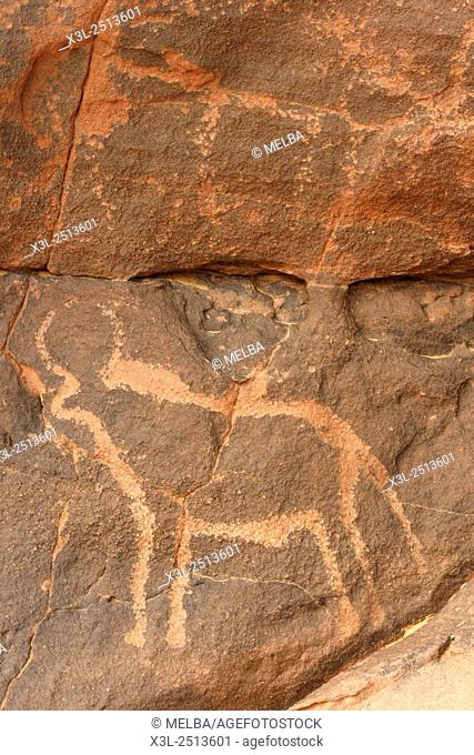 Petroglyph in Youf Ahakit. Tassili Ahaggar. Sahara desert. Algeria