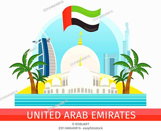 United Arab Emirates tourism poster design with attractions. Sheikh Zayed Mosque. Emirates landmark with flag. Emirates travel poster design in flat