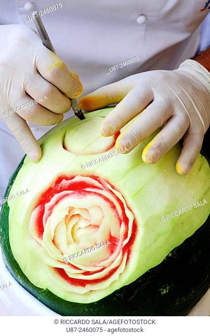 Chef Carving Watermelon . .