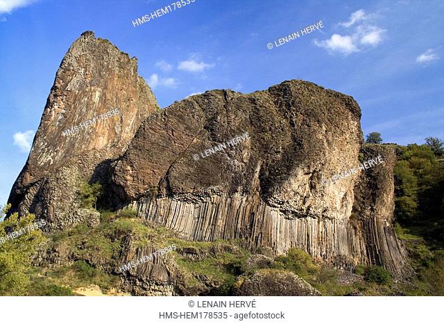 France, Haute-Loire, Prades, columnar jointed basalt in the upper Allier river