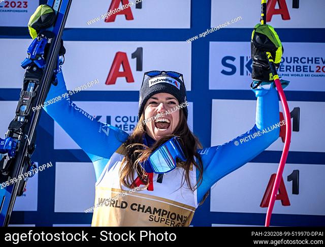 08 February 2023, France, Meribel: Alpine skiing: World Championship, Super G, women: Winner Marta Bassino, Italy, cheers