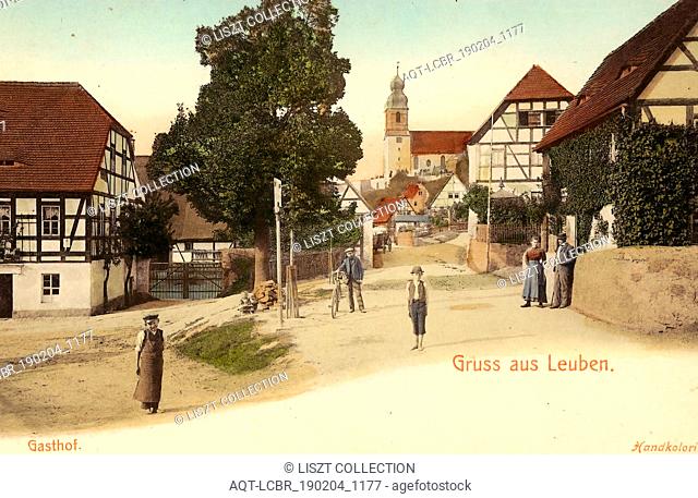 Restaurants in Landkreis Meißen, Leuben (Leuben-Schleinitz), Bicycles in Germany, 1899, Landkreis Meißen, Leuben, Dorfstraße mit Gasthof und Kirche