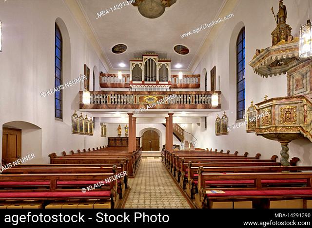 St. Boniface, church, fortified church Aschfeld, pulpit, gallery, organ, Advent, Aschfeld, Main-Spessart, Franconia, Bavaria, Germany