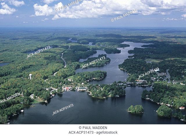 Aerial view of Bala, Ontario, Canada, on Lake Muskoka with the Moon River in the background