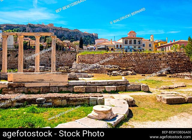 Athens, Attica / Greece - 2018/04/03: Library of Hadrian - Hadrianâ€™s Library - ruins with remaining stone archeologic artefacts at the Monstiraki square of...