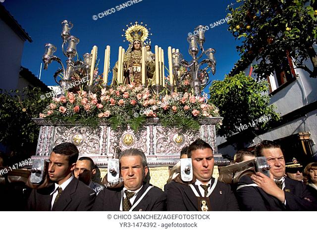 Bearers of religious images carry a Virgin of Carmen sculpture during an Easter procession in the town of Prado del Rey in southern Spain's Cadiz Sierra region...