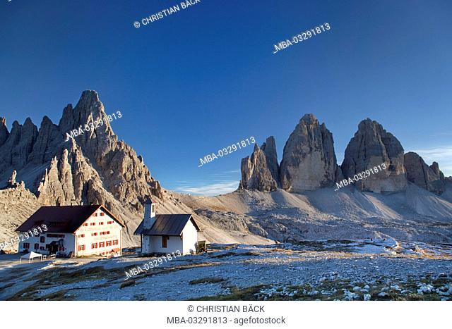 The Drei Zinnen hut with Drei Zinnen mountains and the Paternkofel, Sexten Dolomites, South Tirol, Northern Italy, Italy