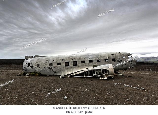 Douglas DC-3 wrecked US Navy aircraft, Sólheimasandur, Solheimasandur, near Ring Road, Suðurland, Sudurland, South Iceland, Iceland