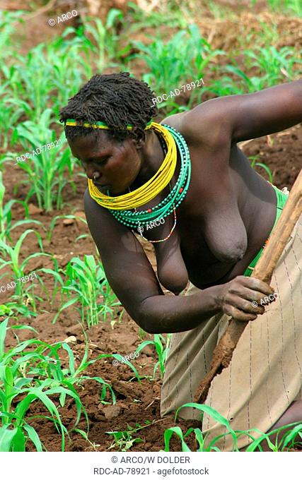 Toposa woman with glass bead-s jewellery doing field work Nyanyagachor Sudan