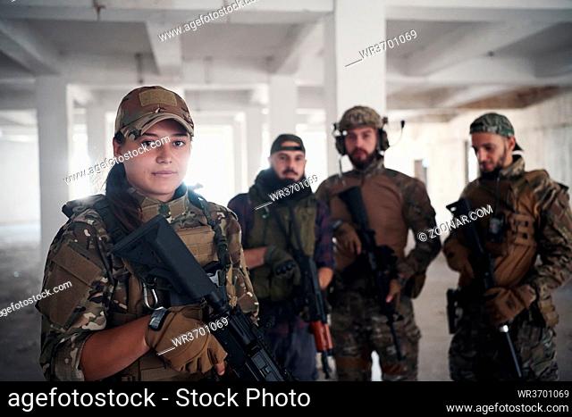soldier squad team portrait in urban environment relaxed after action and battle