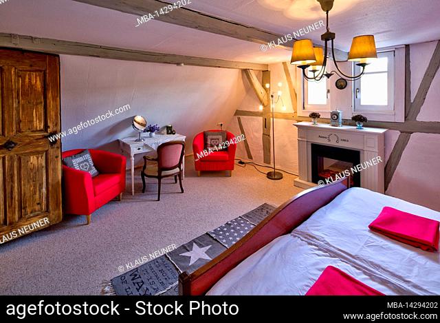 Photo reportage with text, Obere Gasse No 7, homestory, wooden door old, bedroom, renovation, interior, Rothenfels, Main Spessart, Franconia, Bavaria, Germany