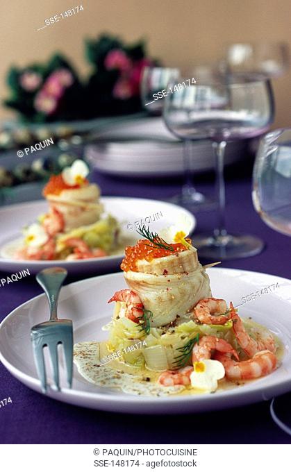 Sole fillet with leeks , shrimps and salmon roe