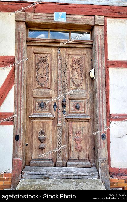 Front door, entrance, wooden door, town view, Marktzeuln, Franconia, Bavaria, Germany, Europe