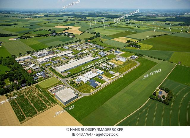 Aerial view, Industrial District commercial area, wind turbines behind, Belecke, Warstein, Sauerland, North Rhine-Westphalia, Germany