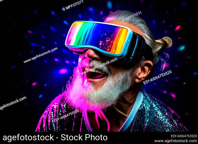 Happy grandpa in cyberspace wearing vr glasses