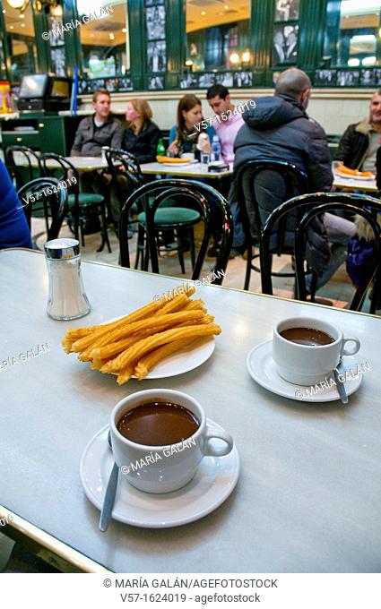 Chocolate with churros for two. Chocolateria San Gines, Madrid, Spain