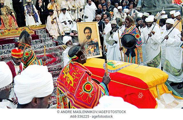 The re-burial of emperor Haile Selassie, 25 years after his death: priests of the Ethiopian Orthodox Church outside Baata Maria Church