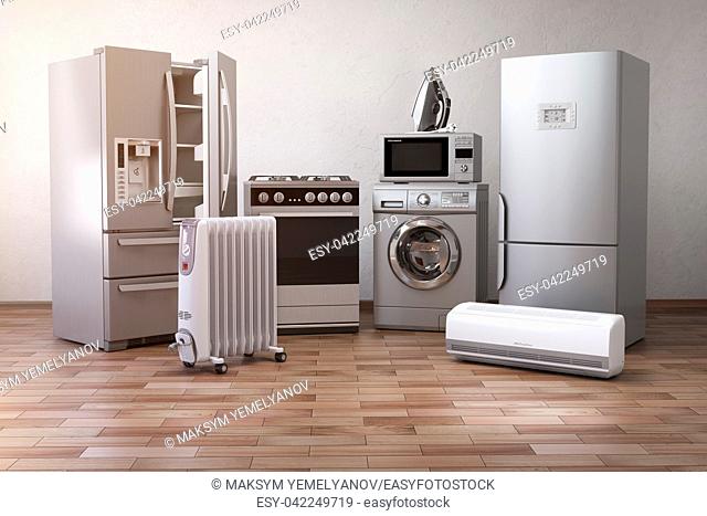 Home appliancess. Set of household kitchen technics in the new appartments or kitchen. E-commerce online internet store nad delivering of appliances concept
