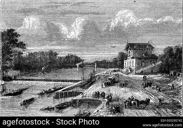 Dam on the Seine at Suresnes, vintage engraved illustration. Magasin Pittoresque 1873