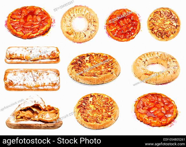 collection of various apple pies (Charlotte apple cakes, apple strudel, tarte Tatin) isolated on white background