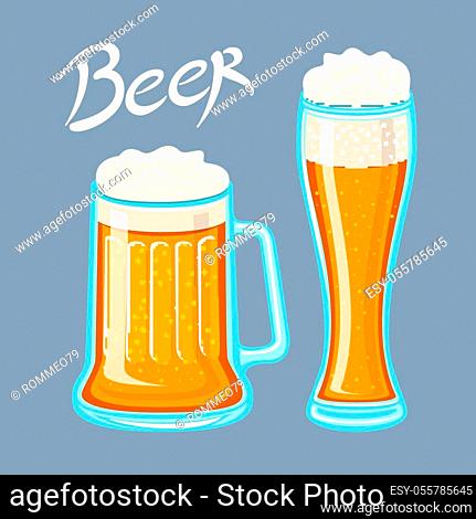 Vector image of mugs of beer glass. Drinks with a lot of foam. flat Vector illustration art