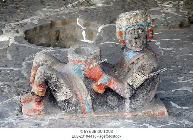 Chac Mool figure at the entrance to Tlaloc Shrine in the Templo Mayor Aztec temple ruins