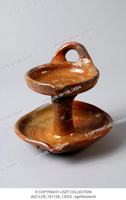 Earthenware oil lamp with lower and upper shell, trunk and horizontal suspension, oil lamp lamp lighting fixture soil find ceramic earthenware glaze lead glaze