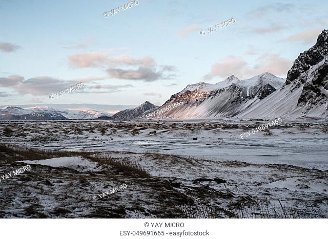 A snow covered landscape in Stokksnes, Iceland