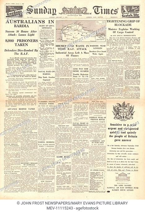 1941 front page Sunday Times Australian Troops Enter Bardia and British Blockade of Germany Tightens