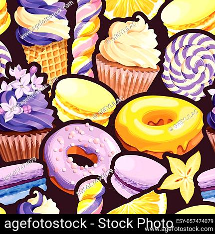 Sweet macarons, cupcakes and donuts vector seamless background