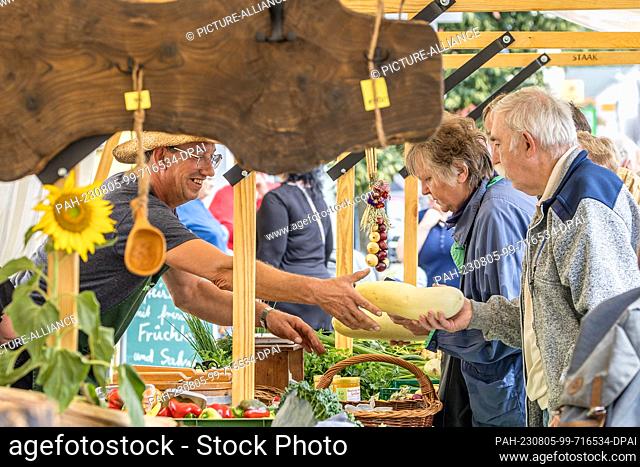 05 August 2023, Brandenburg, Golßen: A vendor hands over peeled cucumbers to his customers at a sales stand at the Spreewald Gherkin Day in Golßen