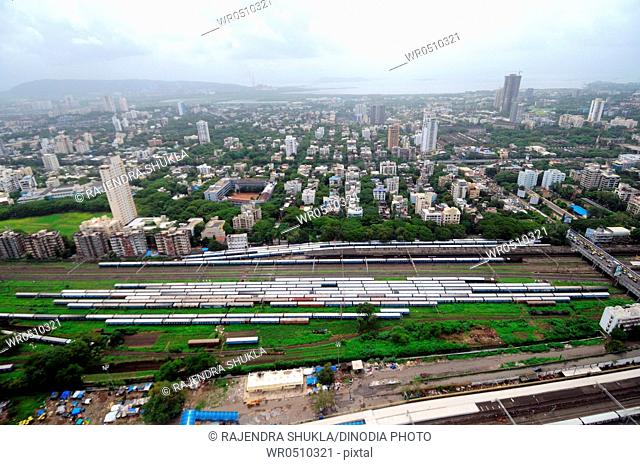 aerial view of dadar station with trains , Bombay Mumbai , Maharashtra , India