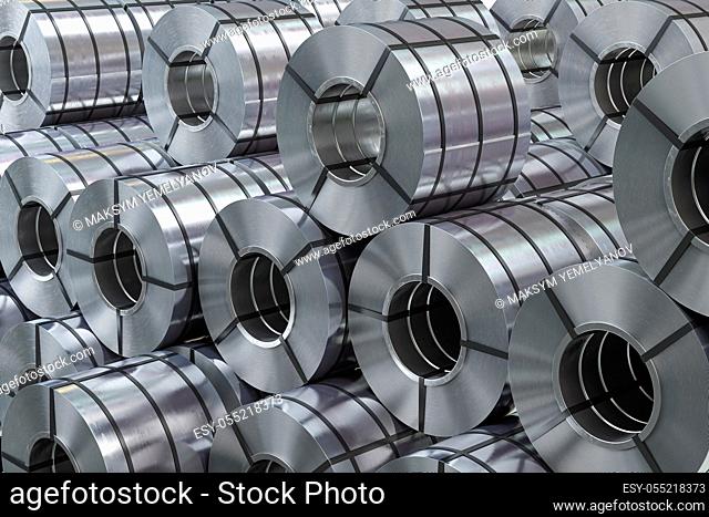 Rolls of metal sheet. Zync, aluminium or steel sheet rolls on warehouse in factory. 3d illustration
