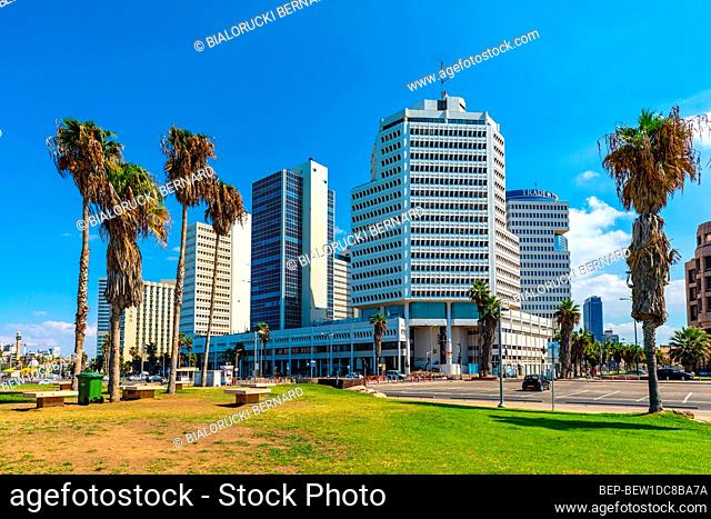 Tel Aviv Yafo, Gush Dan / Israel - 2017/10/11: Panoramic view of downtown Tel Aviv at Mediterranean coast with business district along Tel Aviv promenade and...