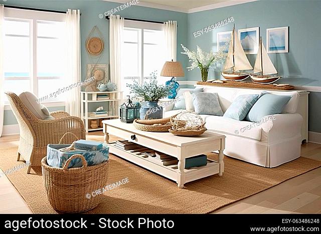 Coastal Living Room: Create a living room with a coastal - inspired design, using light colors, natural materials, and nautical decor. Generative AI