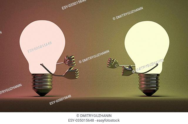 Reddish glowing light bulb and yellowish one fighting against each other with their fists on background which is illuminated by them