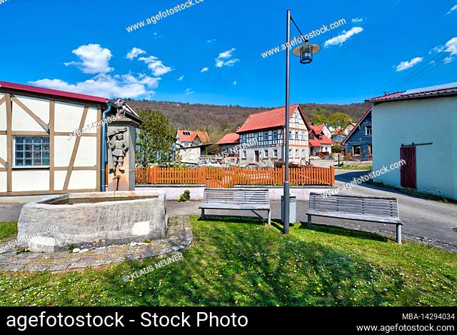 Village view, well, house facade, half-timbering, Nassach, Hassberge, Lower Franconia, Bavaria, Germany