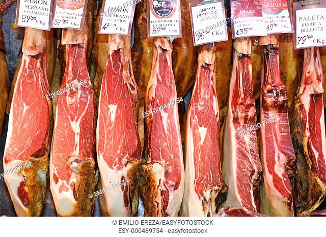Ham for sale  La Boqueria Market  Barcelona  Catalonia  Spain