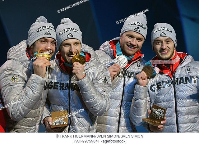 v.li:Tobias WENDL / Tobias ARLT (GER) with Goldmedaille, Medaille, Olympic Champion, .Olympiasieger..Toni Eggert / Sascha Benecken (GER) with Bronzemedaille