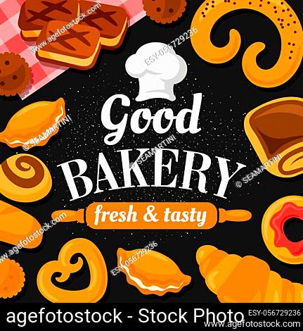 Good bakery, fresh and tasty pastry patisserie food. Vector sweet confectionery and baked products, croissants and donuts, pies, pretzels