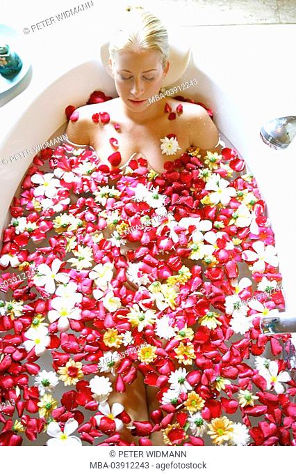 woman, young, bath, bloom, relaxing, relaxing , recovering, enjoying, portrait
