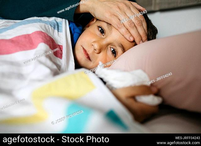 Portrait of sick boy lying in bed while his mother touching his forehead