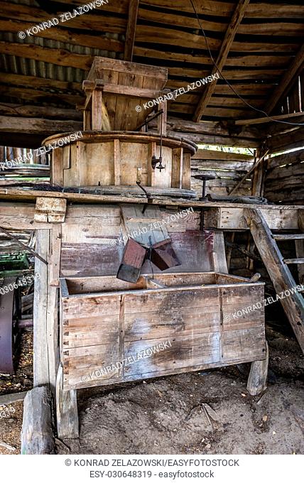 Old threshing machine in Mashevo abandoned village of Chernobyl Nuclear Power Plant Zone of Alienation area around nuclear reactor disaster in Ukraine