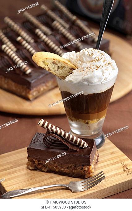 A chocolate espresso desert with caramel served with a chocolate cake