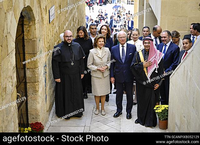 H.M. Queen Silvia and H.M King Carl XVI Gustaf visit the ancient city As-Salt, Jordan, November 16, 2022 with the Priest of the Church of the Good Shepherd