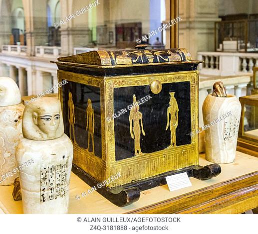 Egypt, Cairo, Egyptian Museum, from the tomb of Yuya and Thuya in Luxor : Canopic box of Thuya, with the 4 canopic vases
