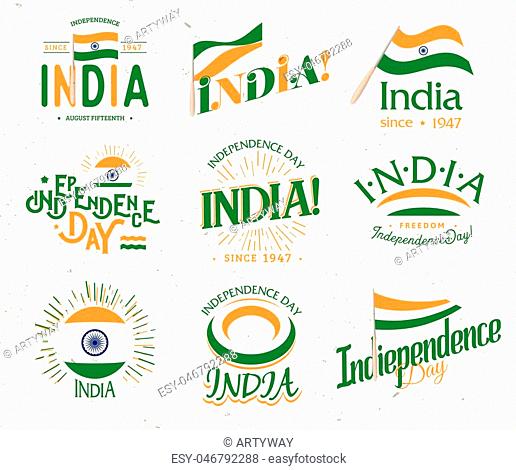 Independence day of India from the British Empire set of vector retro style logos. Universal Collection of Logos for Public Holidays in the Indian Republic