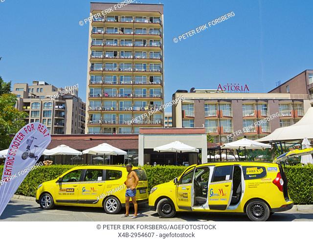 Taxis, in front of Hotel Astoria, Sunny Beach, Bulgaria