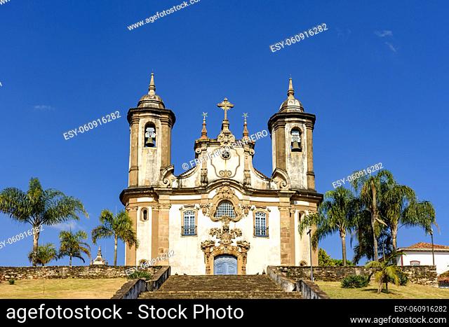 Front view of historic 18th century church in colonial architecture in the city of Ouro Preto in Minas Gerais, Brazil